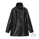 Langry faux leather coat with high collar, buttons, and drawstring waist