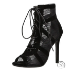 Black aneikeh high heels ankle bootie with mesh suede panels lace-up floral design