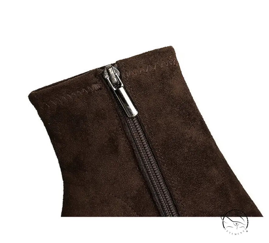 Elegant langry brown suede ankle boot with silver zipper, high-heeled fashion