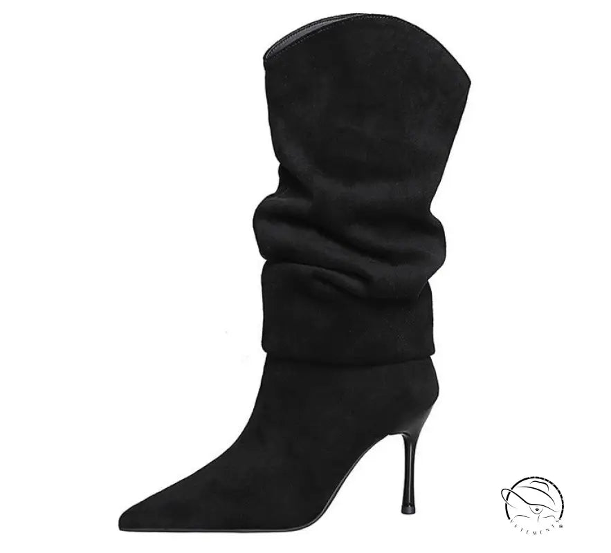 Langry fashion black suede knee-high boots with pointed toe and slender heel