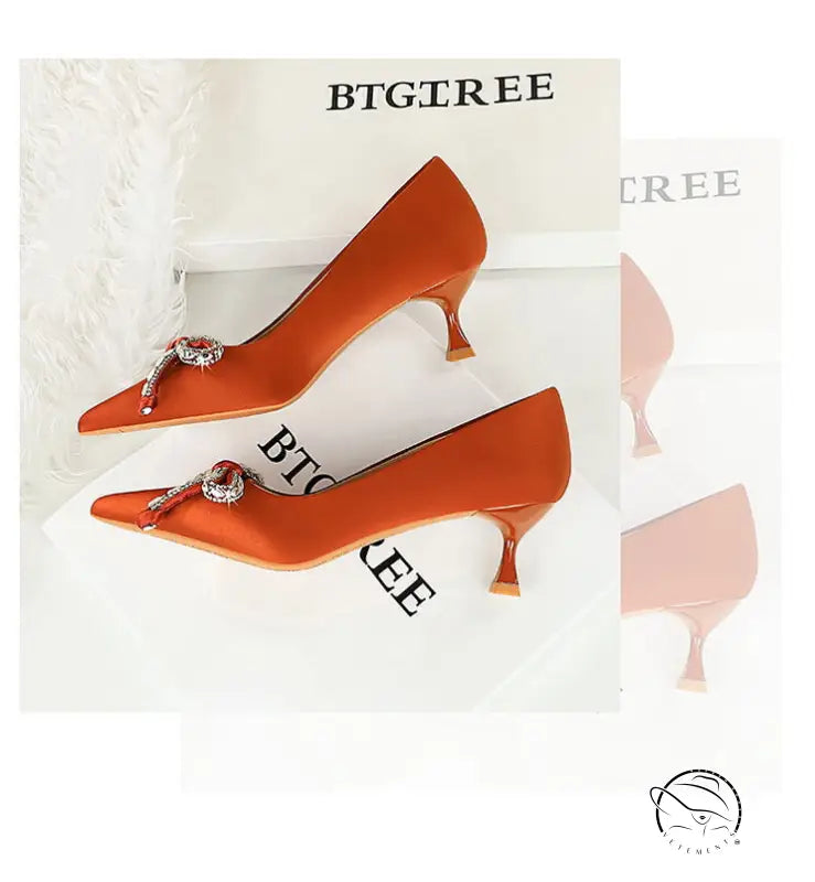 Langry fashion orange satin mid heel stilettos with rhinestone bow buckle