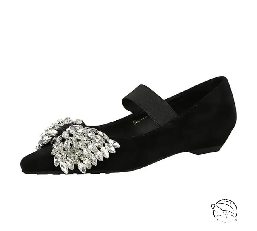 Black velvet Mary Jane flat with rhinestone and ankle strap, Langry fashion shoes