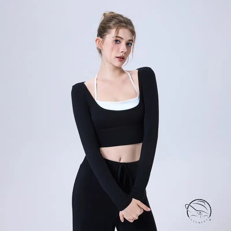 Black langry fashion yoga semi fixed cup running top in fitted stretchy fabric