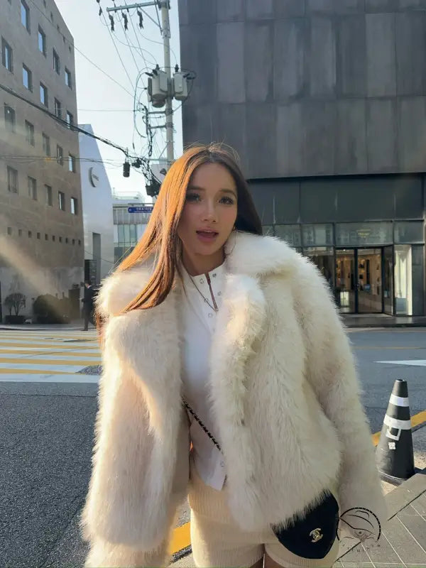 Short loose casual faux fur coat in cream with white trim and Chanel bag