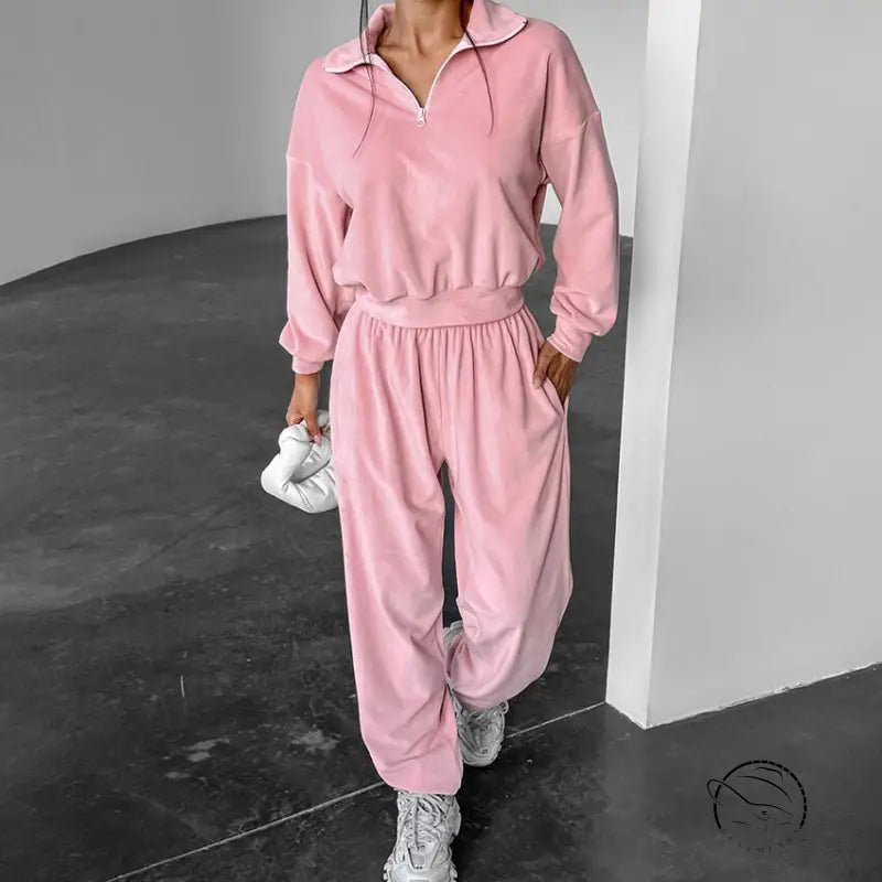 Gentle pink knitted velvet langry fashion loungewear set with zippered collar
