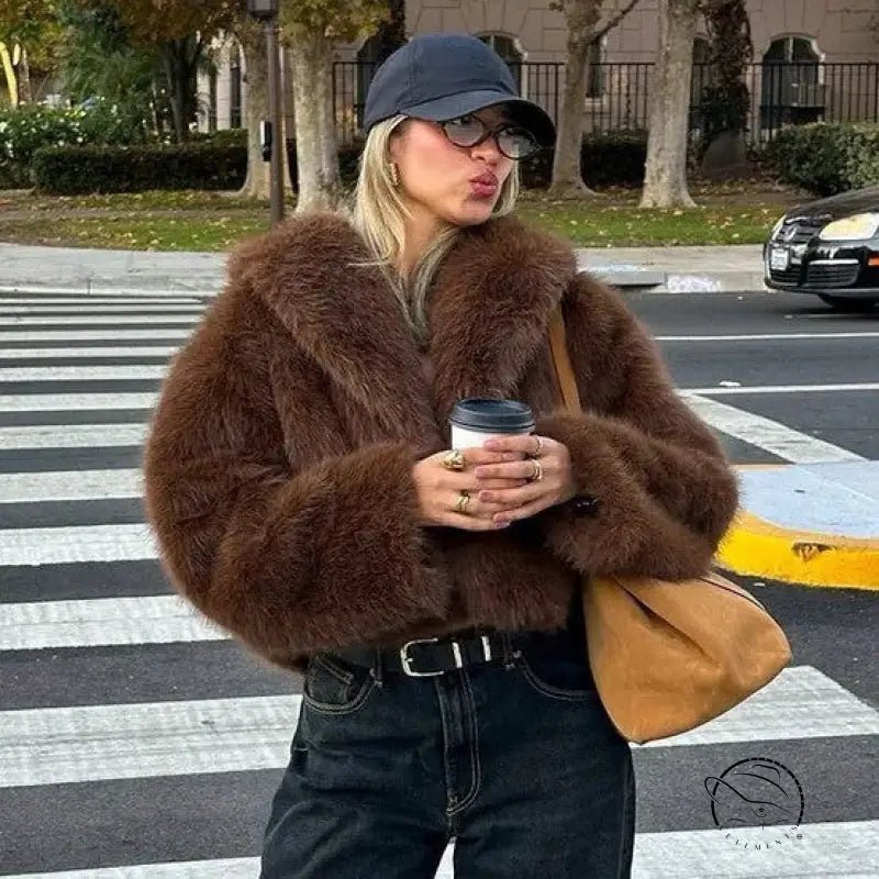 Gorgeous faux fur oversized jacket by Langry fashion with black buttons and belt