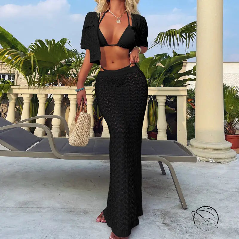Black textured maxi skirt set with attractive shirt and bikini top