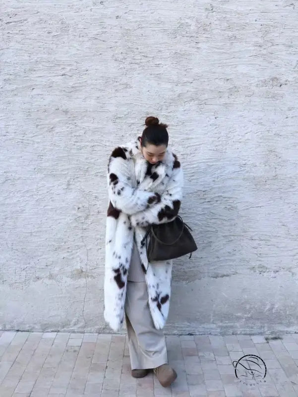 Luxury Mackage faux fur long coat in black and white textured pattern