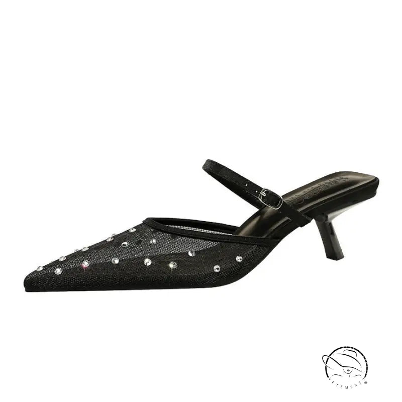 Langry fashion black mesh kitten heel mule with rhinestone accents