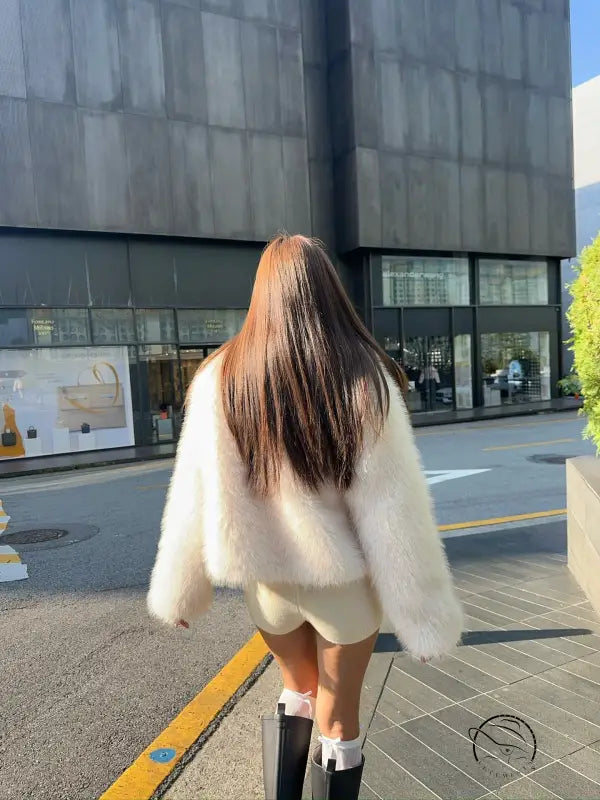 Langry short loose casual faux fur coat with cream oversized design, white trim, black buttons