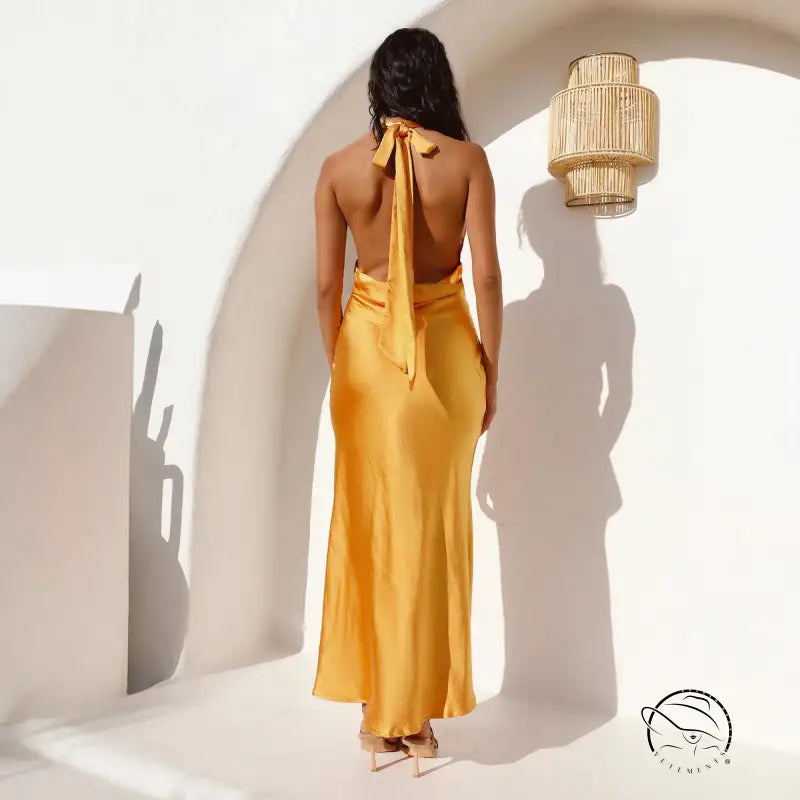 Mustard yellow satin halterneck dress with tie-up back, Langry fashion