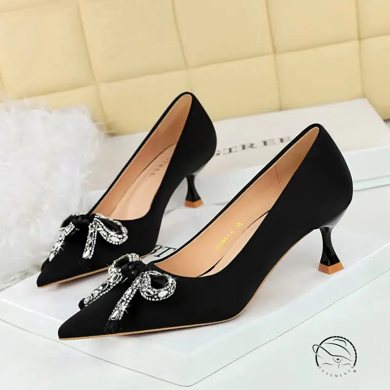 Langry fashion black satin stiletto heels with rhinestone bow details