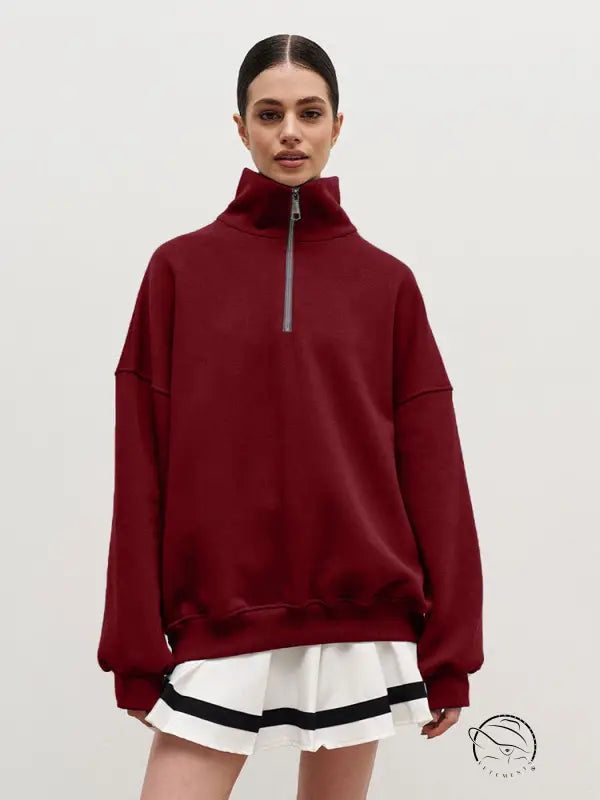 Maroon half zipper autumn winter fleece lined collared sweatshirt