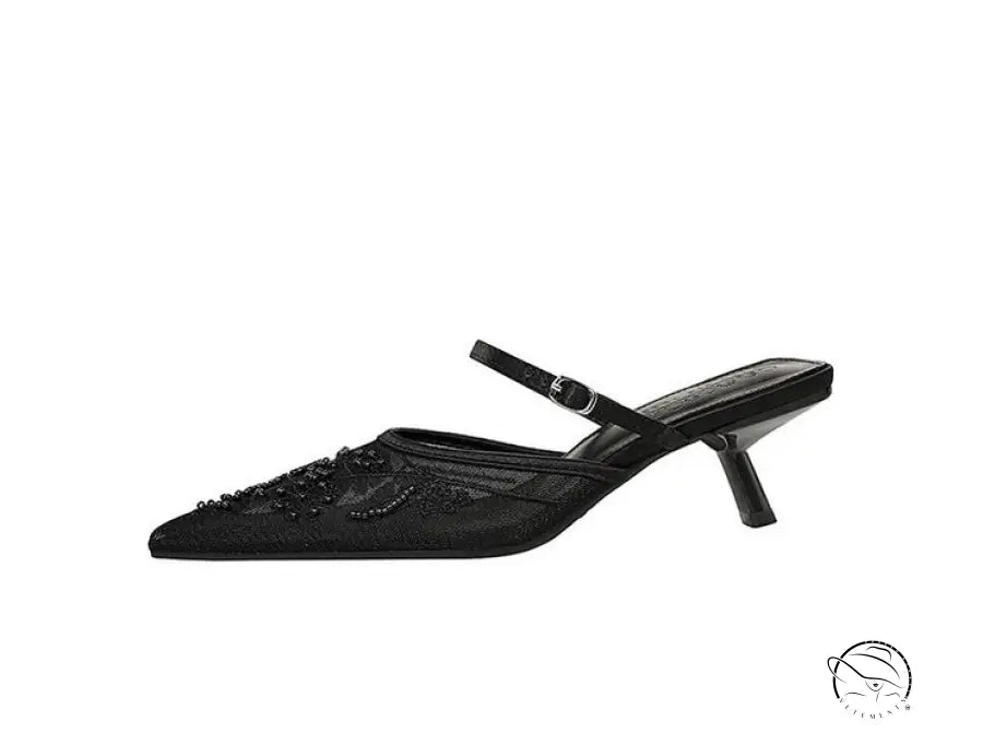 Langry fashion black satin kitten heel sandal with beaded ankle strap