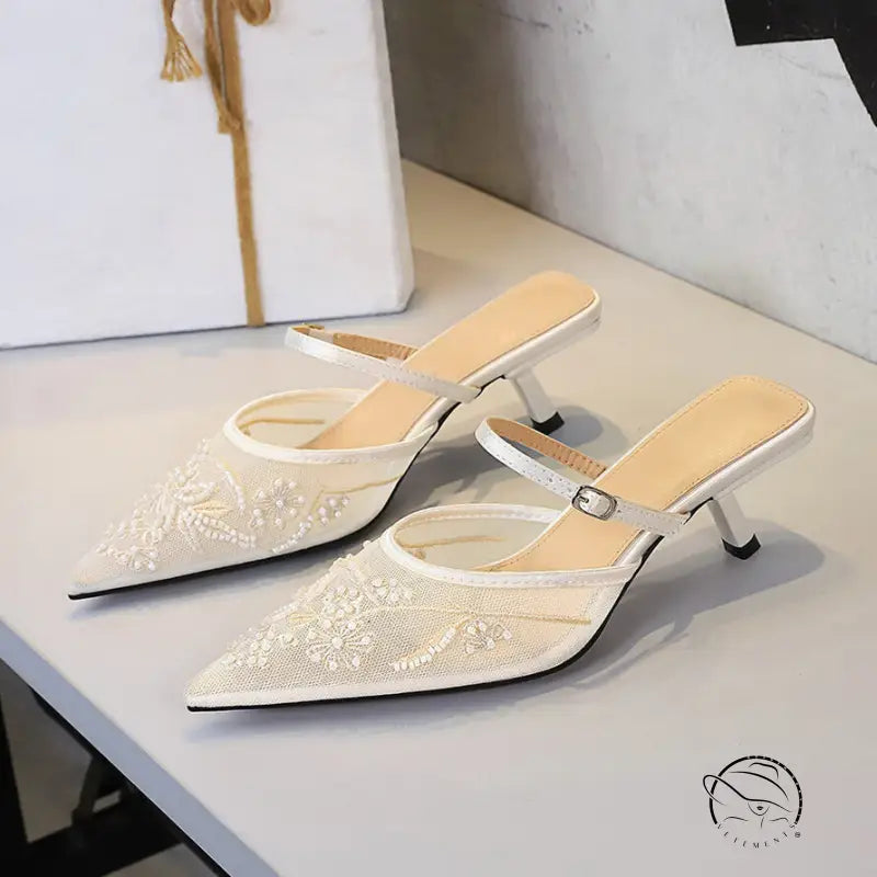 Langry fashion cream lace mule heels with silver strap in floral embroidery slippers