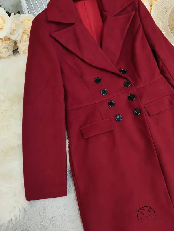 Red double-breasted woolen long coat in autumn winter fashion