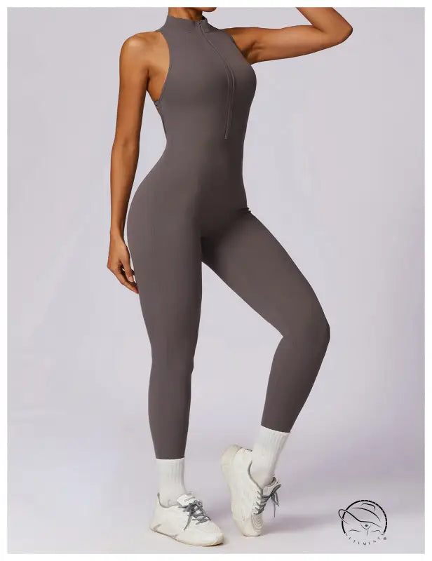 Sleek gray Beauty Back Yoga Jumpsuit in langry fashion ملابس