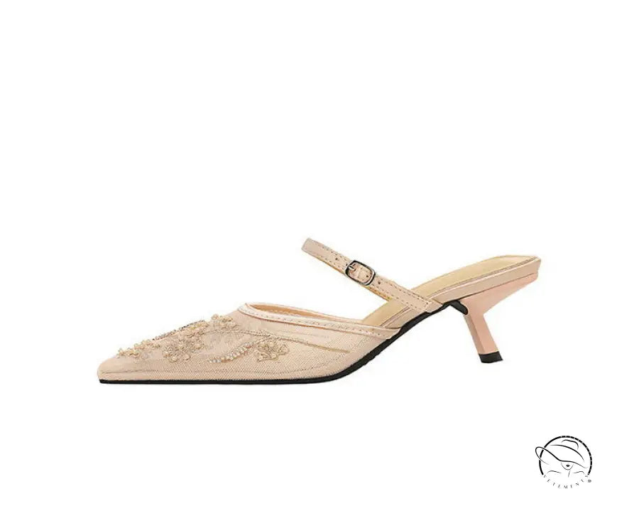 Langry fashion cream satin kitten heel mule with floral embroidery strap