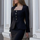 Women Square Collar Long Sleeve Cardigan Top Package Hip Skirt Two Piece Set
