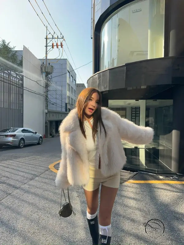 Langry short loose faux fur coat with striped socks
