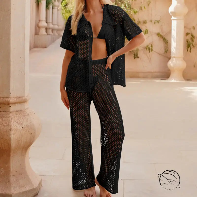 Black crochet beach loose shirt and wide-leg pants cover-up set