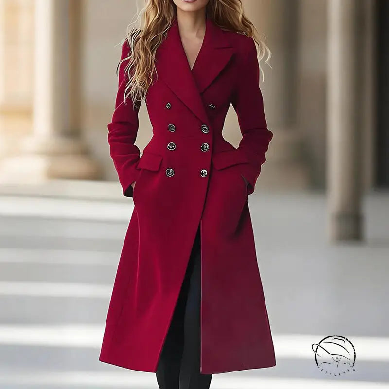 Red double breasted long wool coat, classic autumn winter fashion