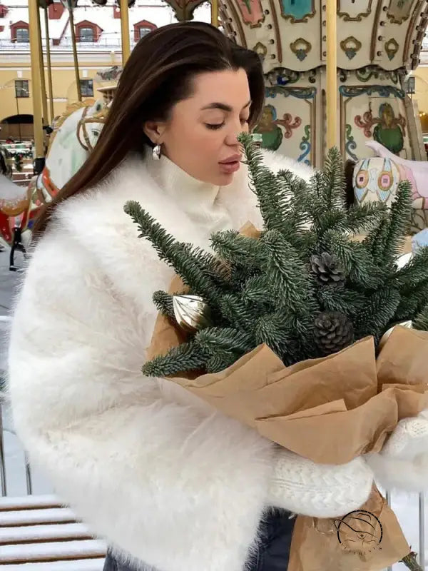 Gorgeous faux fur fox jacket in white with brown accents and gold trim from Langry fashion