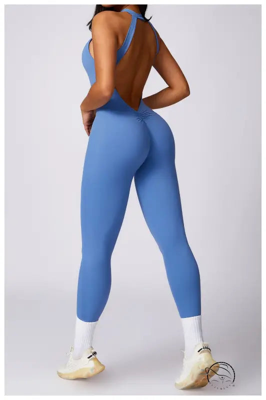 Sleek langry fashion blue backless yoga jumpsuit with ruched waist