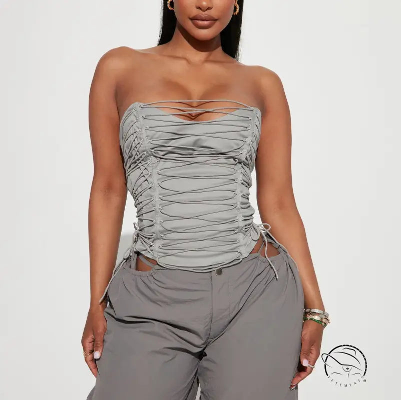 Gray lace-up strapless corset vest with silver hardware in langry fashion