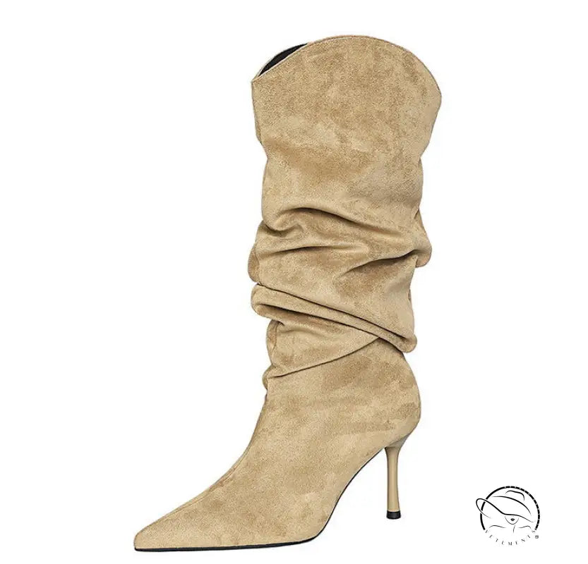 Tan suede langry fashion knee-high boots with pointed toe and slender heel