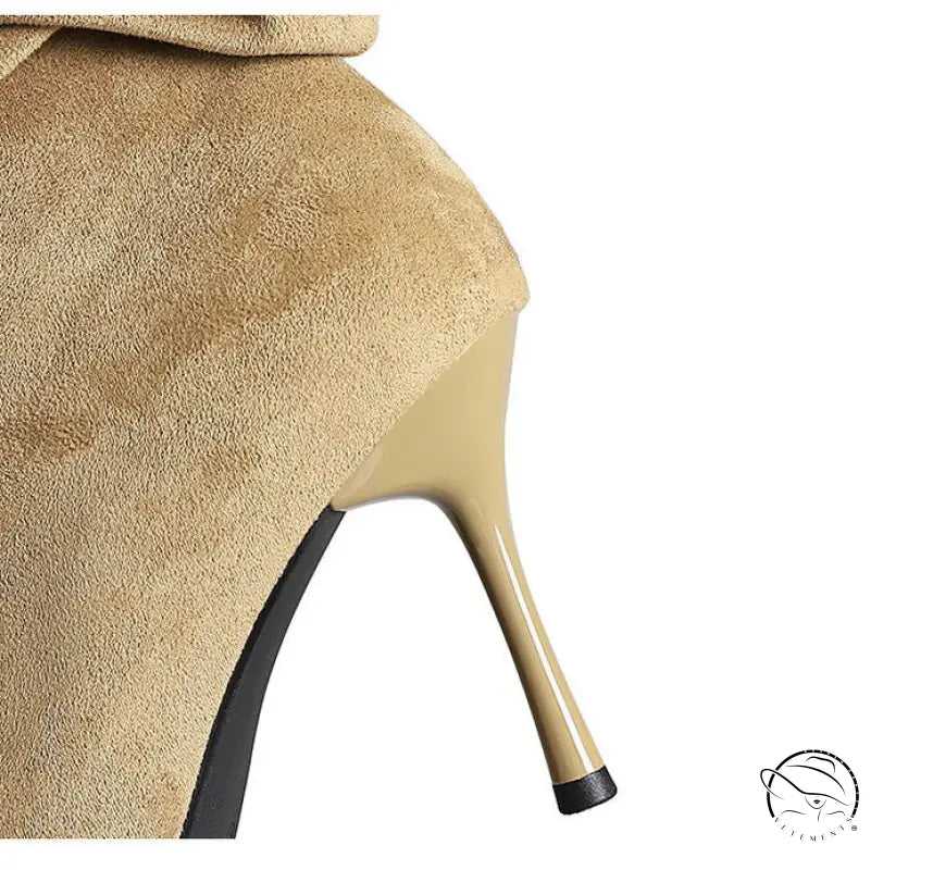 Tan suede langry fashion boot with glossy beige stiletto heel and black cap