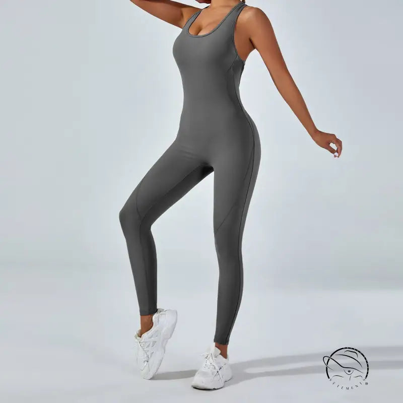 Sleek langry fashion gray yoga one-piece jumpsuit with racerback design