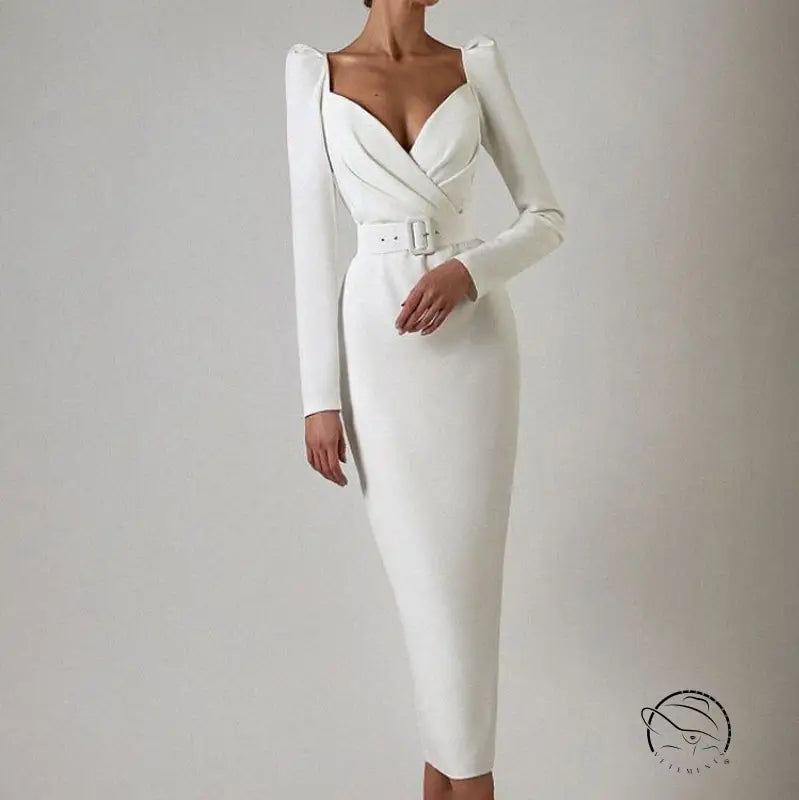 Elegant white langry fashion wrap dress with belted waist and sweetheart neckline