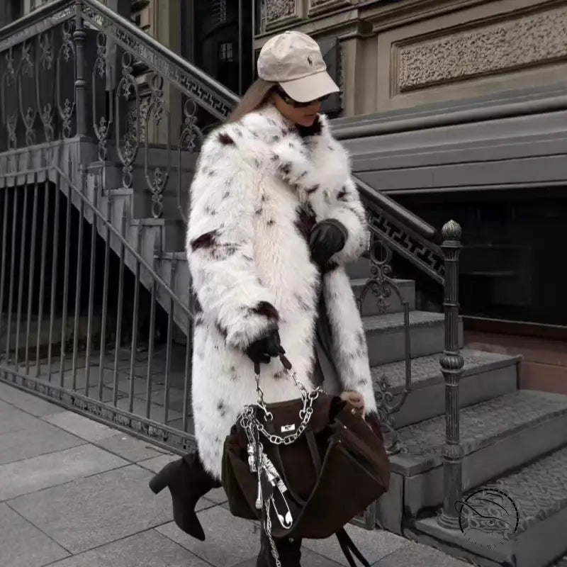 Cozy faux fur long coat with black and white spots, oversized fashion design