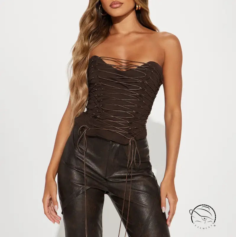 Langry fashion brown leather strapless corset vest with lace-up front and high-waisted pants
