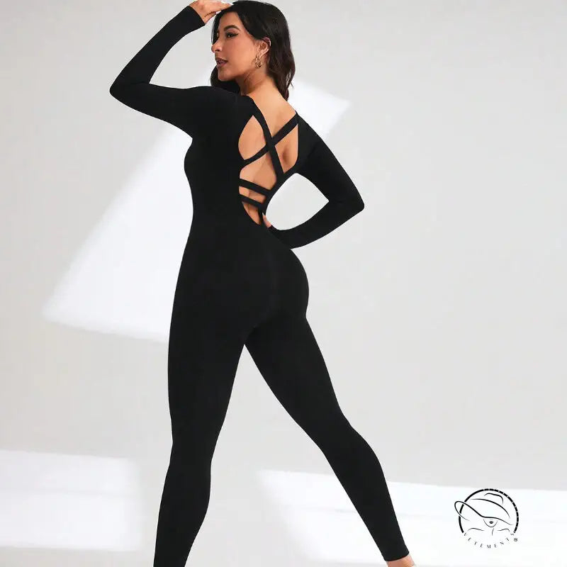 Black langry fashion ملابس: crisscross back yoga bodysuit