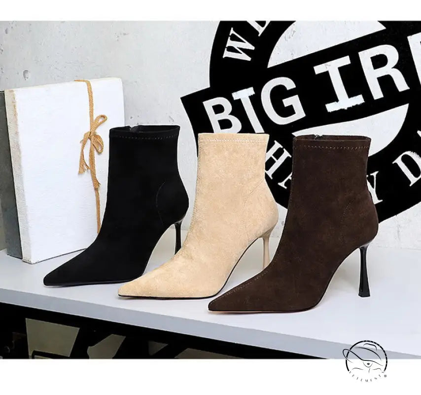 Elegant langry fashion suede ankle boots in black, beige, brown with stiletto heels