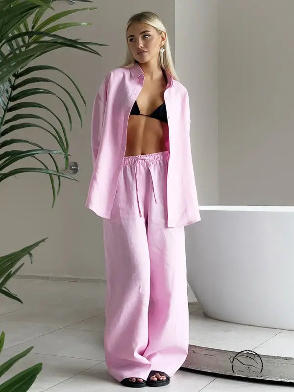Woman in pink linen pajama set from Langry cotton shirt fashion collection