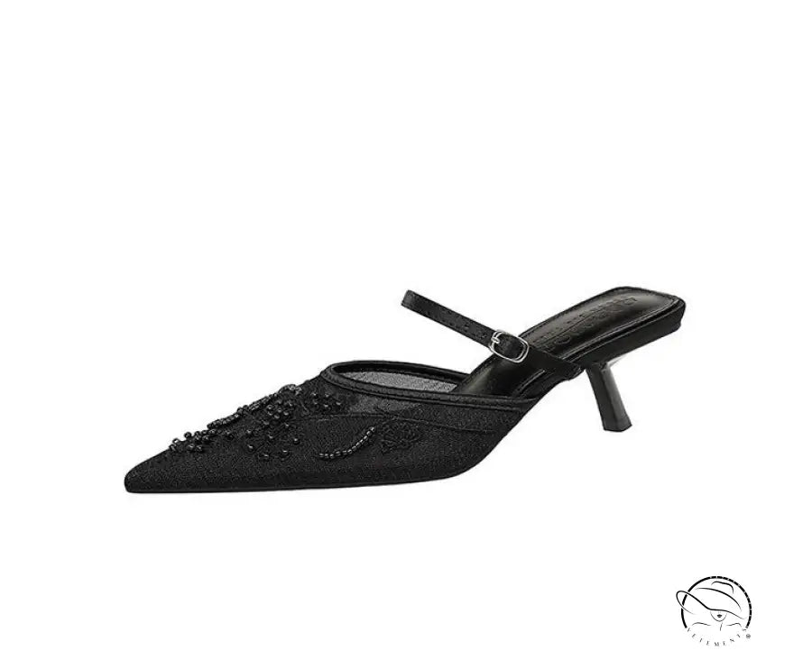 Langry fashion black suede kitten heel mule with beaded ankle strap