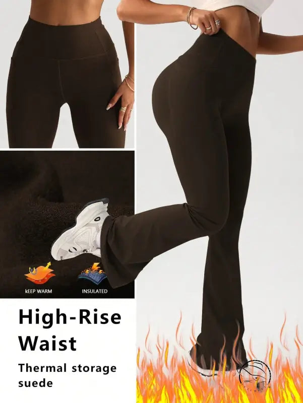 Black high-rise thermal suede wide-leg yoga pants by Langry fashion