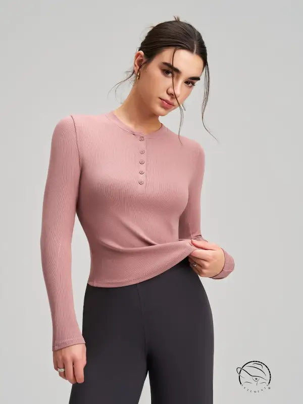 Soft pink ribbed langry fashion top with buttoned front for yoga