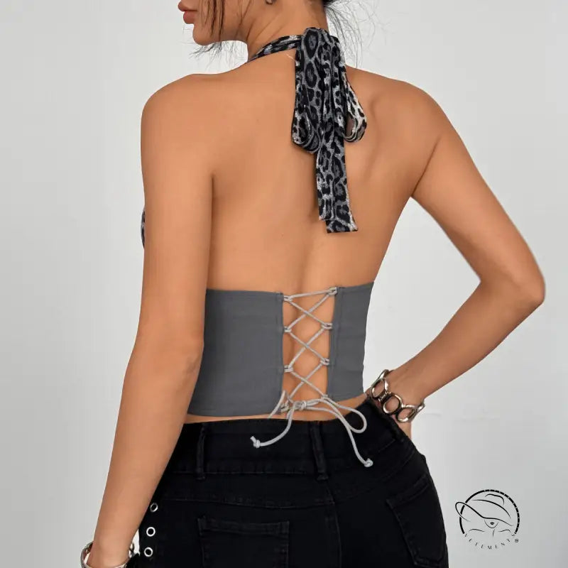 Grey lace-up back top with leopard print tie in Langry fashion corset