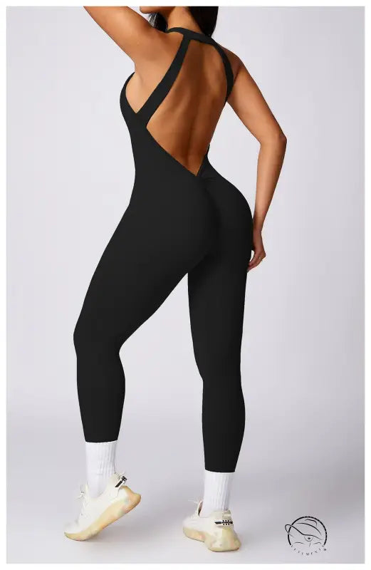 Langry black backless racerback yoga jumpsuit for fashion ملابس