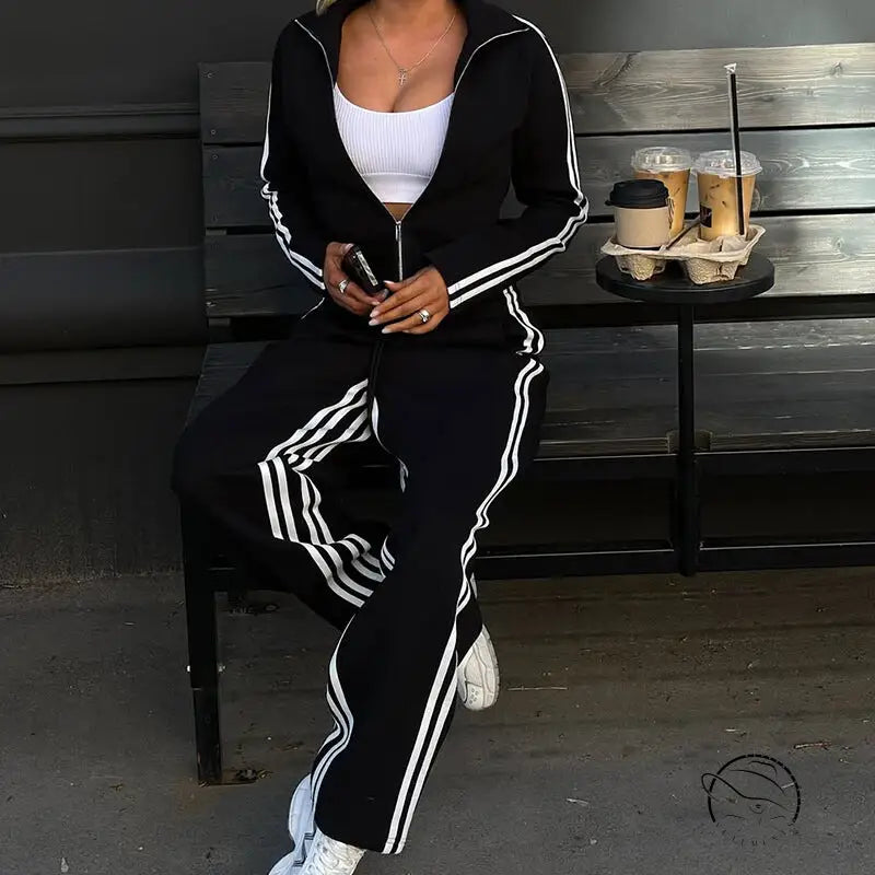 Black long sleeve tracksuit with white stripes, zip-up fashion set