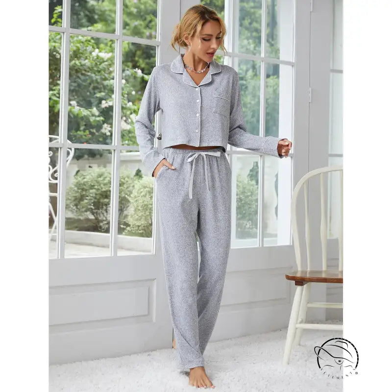 Light grey polka dot langry home wear set with cropped top and pants
