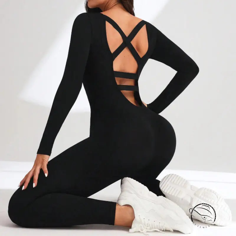 Black langry fashion yoga bodysuit with crisscross back