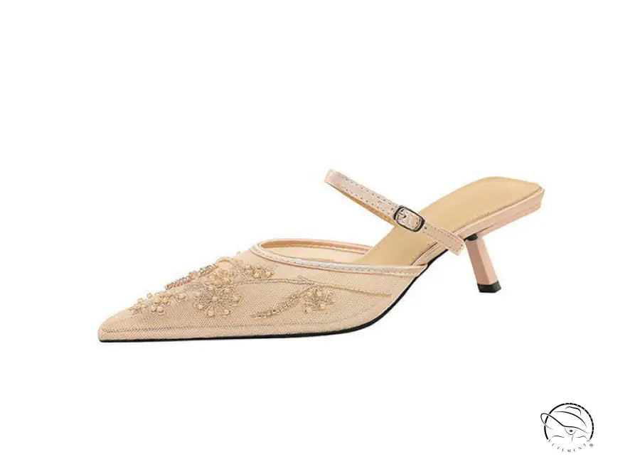 Langry fashion champagne satin kitten heel mule with floral embroidery