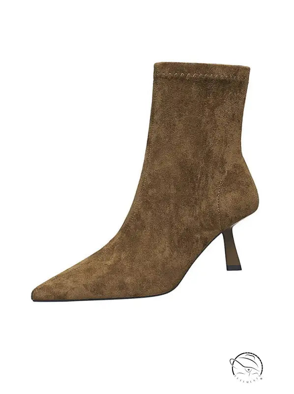 Brown suede ankle boot with pointed toe and low heel in Langry fashion