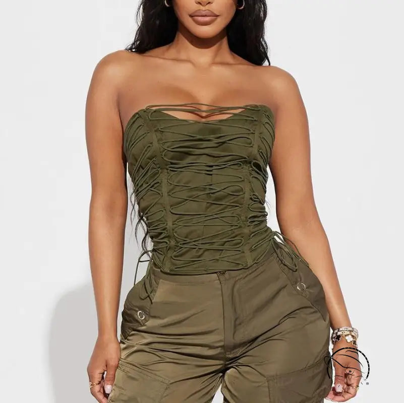 Langry olive green strapless ruched corset top with lace-up back, Beautiful Boning Corset Vest fashion ملابس