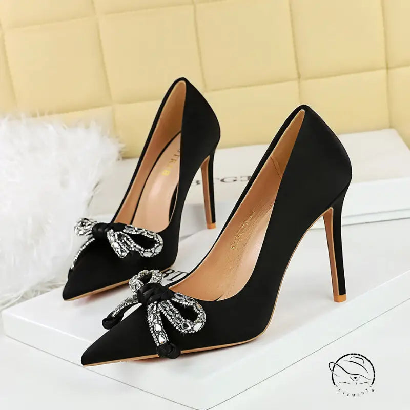 Langry fashion black satin stiletto heels with rhinestone bow detail